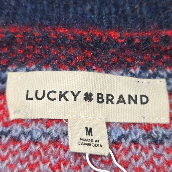 Lucky Brand Fair Isle Heart Cardigan Sweater Navy Red Blue 5BI005 Womens M NEW - Picture 2 of 13